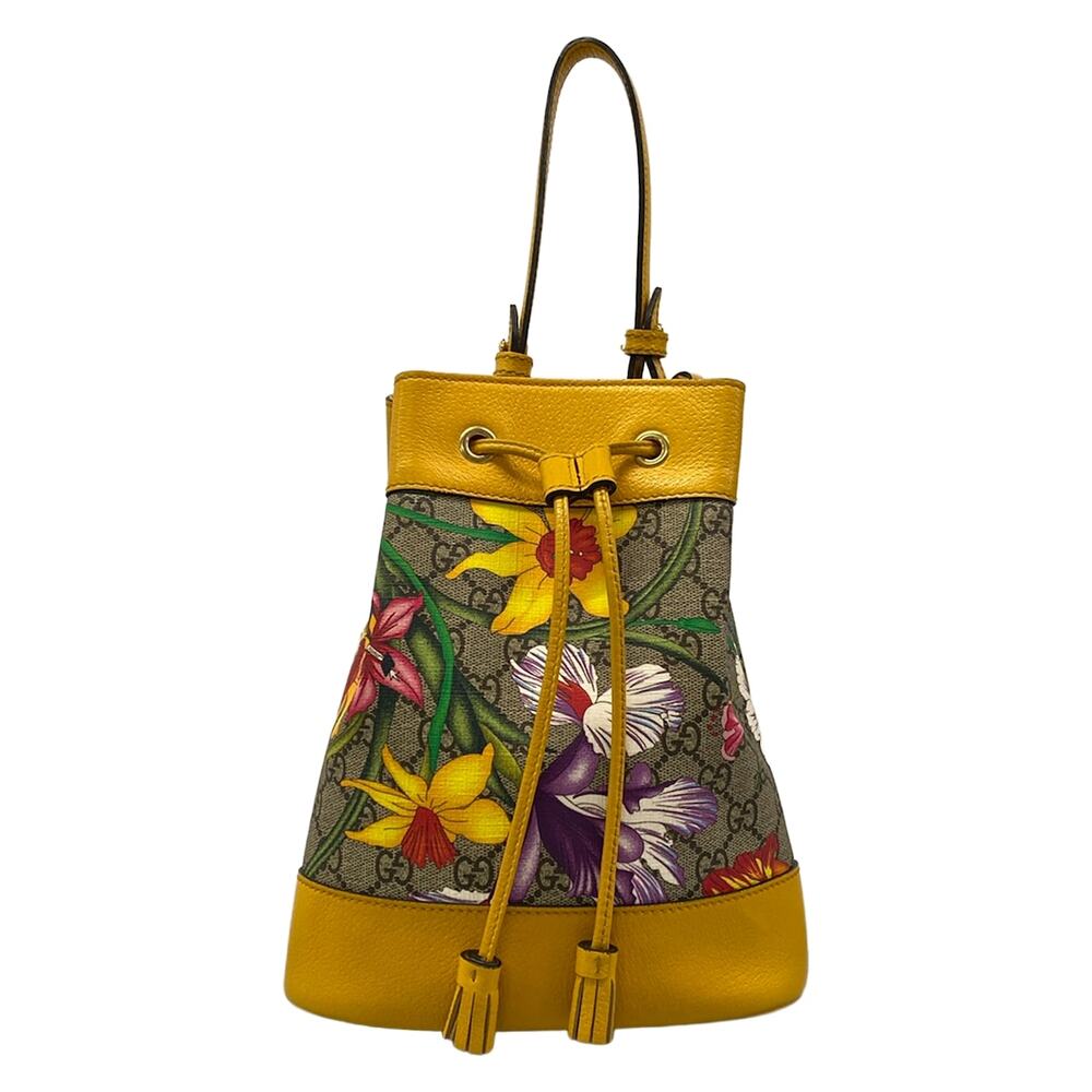 Gucci GG Supreme Ophidia Flora Small Bucket Handbag 550621 Yellow Dark Brown - Picture 1 of 15